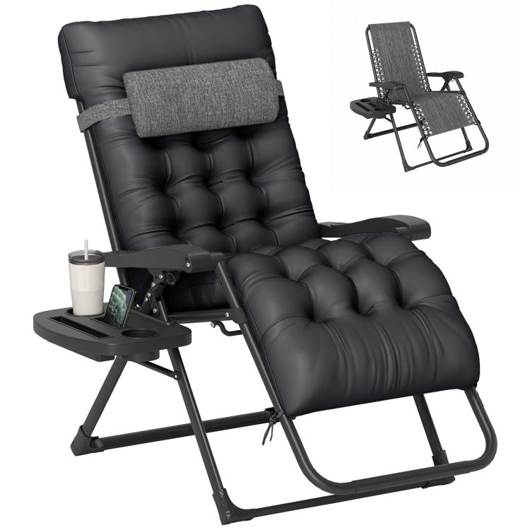Black padded folding zero-gravity recliner chair with tufted backrest and arm cushion