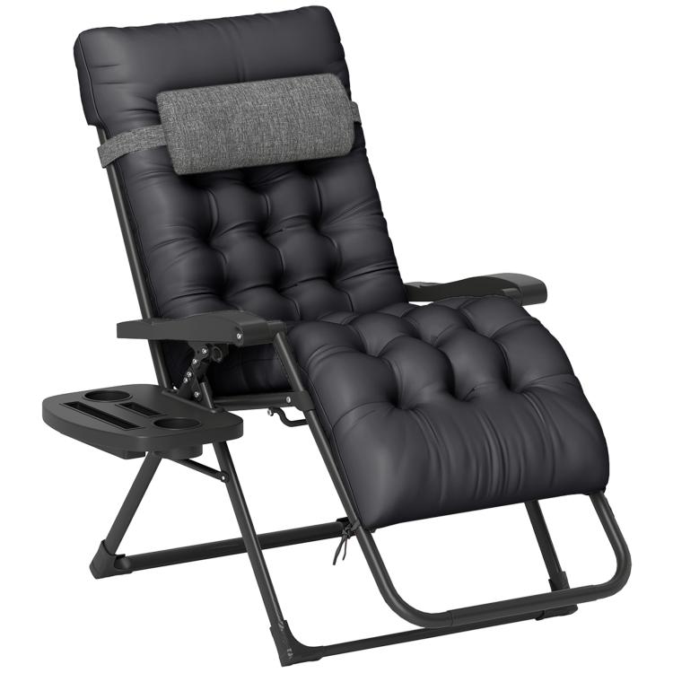 Black folding zero gravity recliner chair with cup holder tray and adjustable leg