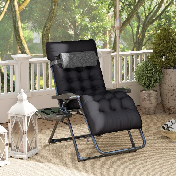 Black padded zero-gravity folding recliner chair with headrest and side cup holder