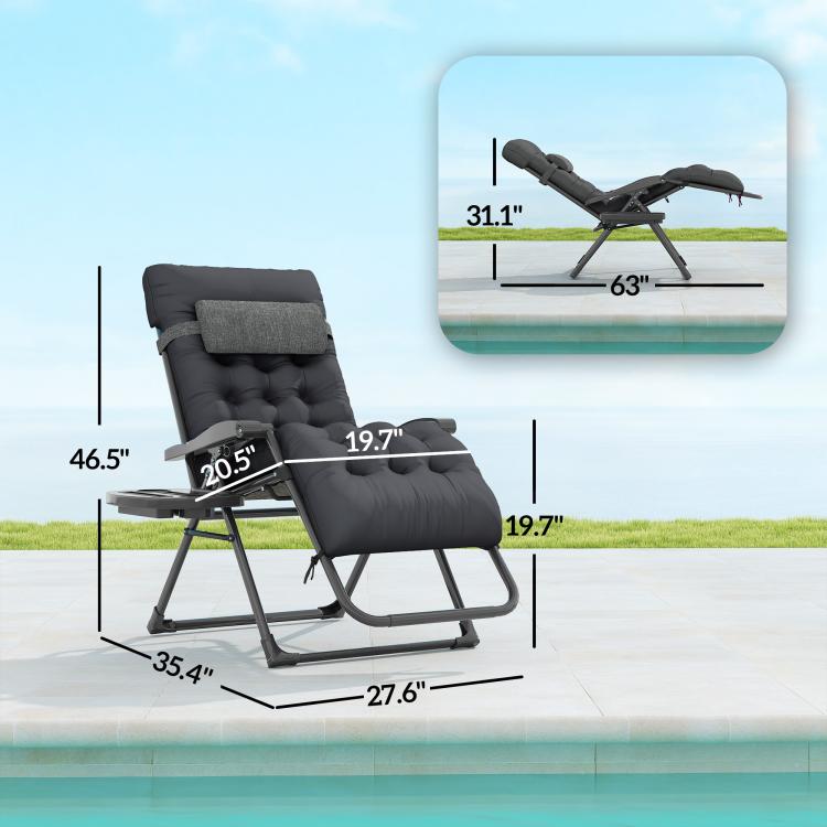 Black padded folding zero-gravity recliner chair with adjustable recline and footrest