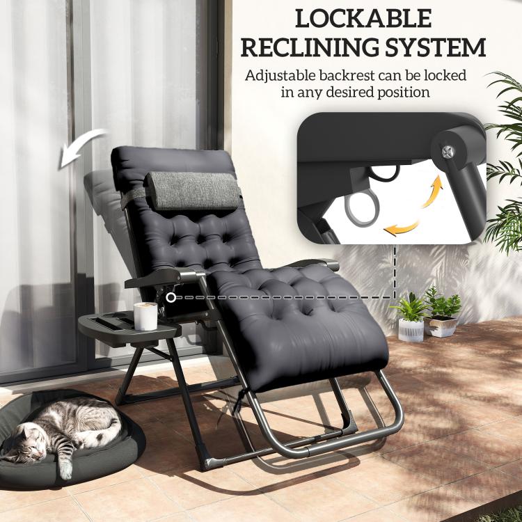 Black padded zero-gravity folding recliner chair with lockable recline and headrest