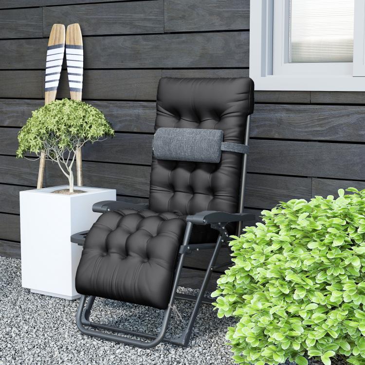 Black padded folding recliner chair with headrest cushion and sturdy steel frame