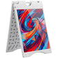 White A-frame sidewalk sign with clear front window and colorful abstract poster