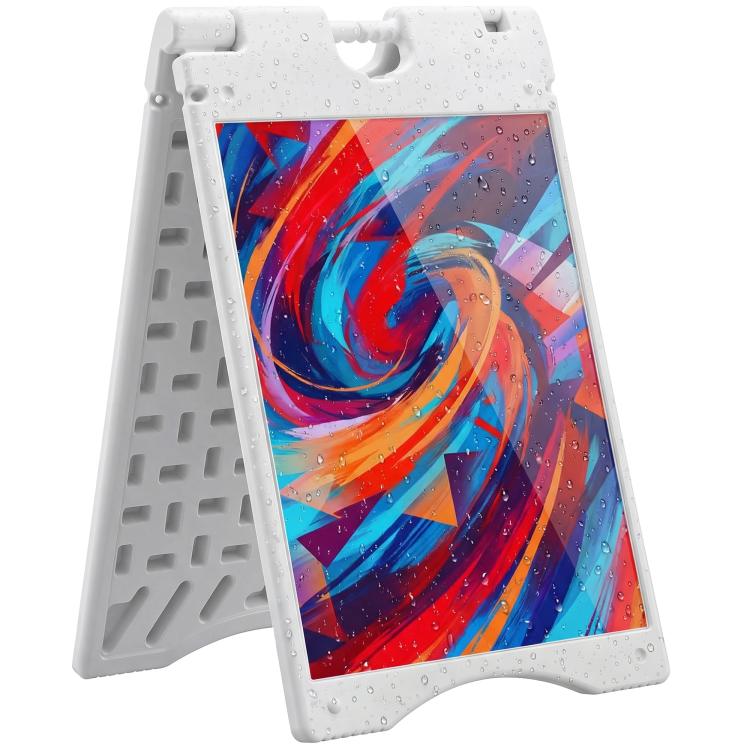 White A-frame sidewalk sign with clear front window and colorful abstract poster