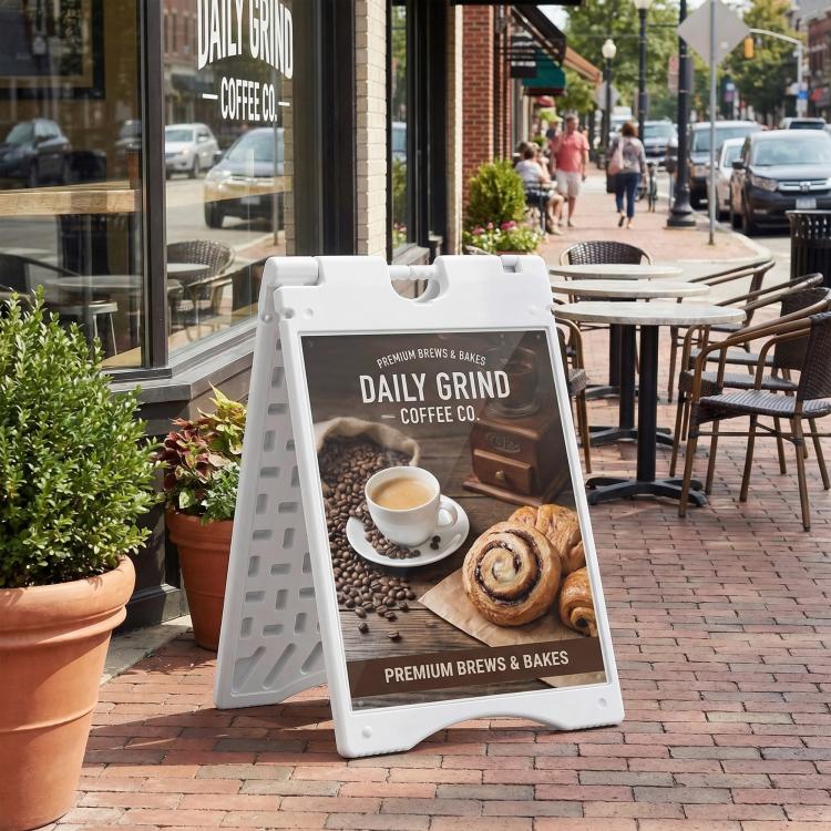 White A-frame sidewalk sign displaying a coffee shop poster behind clear cover