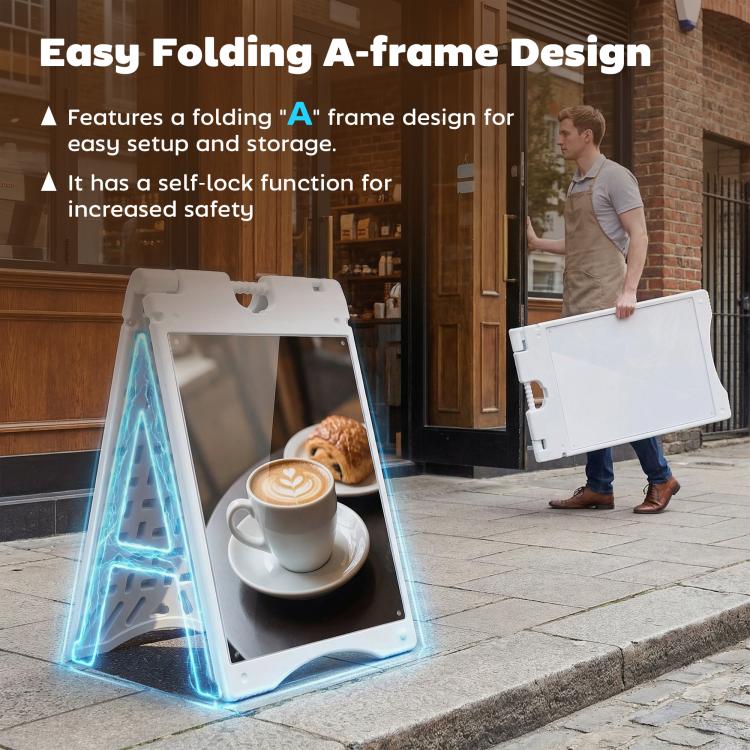 White folding A-frame sidewalk sign with top handle for easy carrying