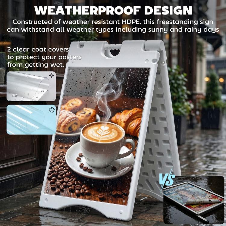 White weatherproof A-frame sidewalk sign with clear cover and water droplets