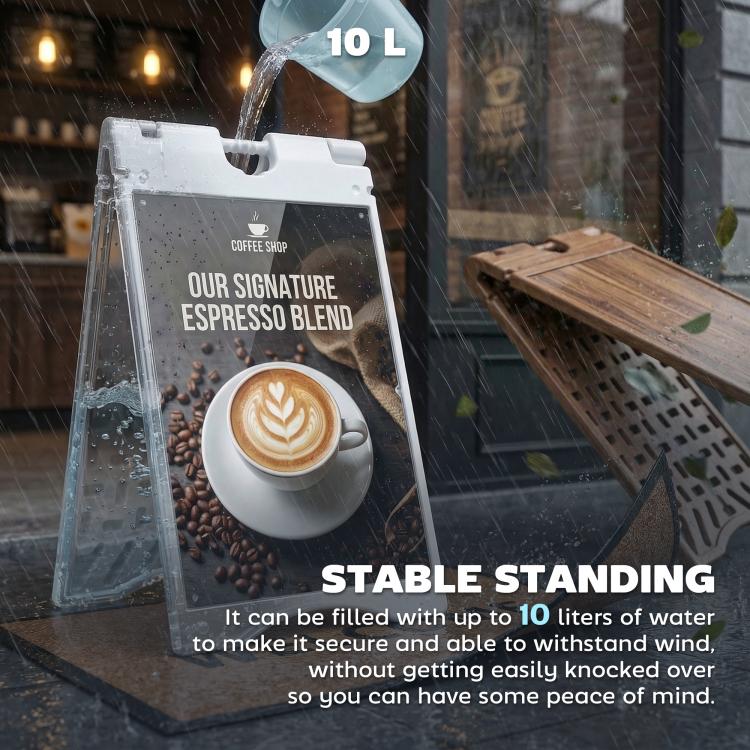 White A-frame sidewalk sign with clear cover and 10L water fill stability