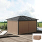 Brown gazebo with sidewall panels, open front, on outdoor wooden deck