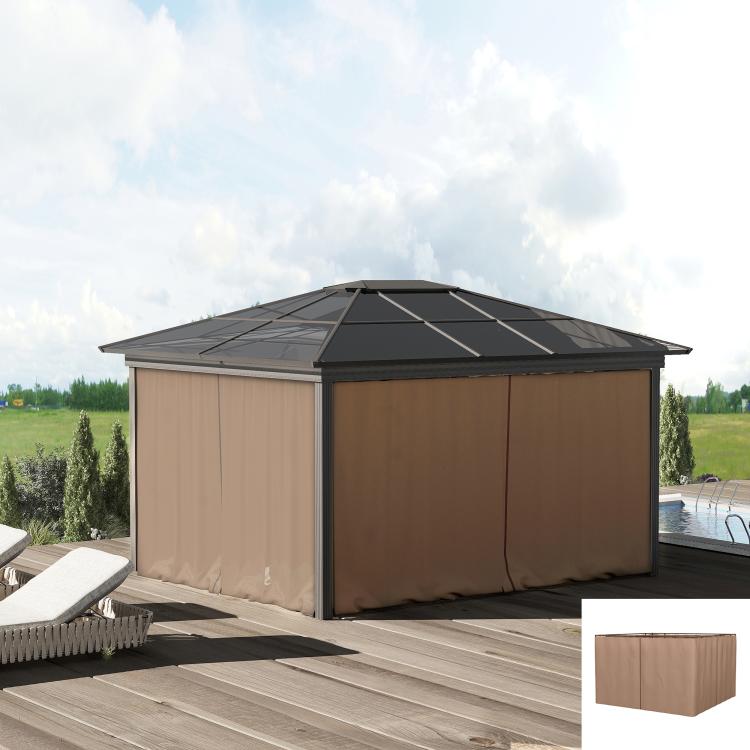 Brown gazebo with sidewall panels, open front, on outdoor wooden deck