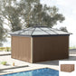 Brown gazebo enclosure with sidewall panels, open front by swimming pool