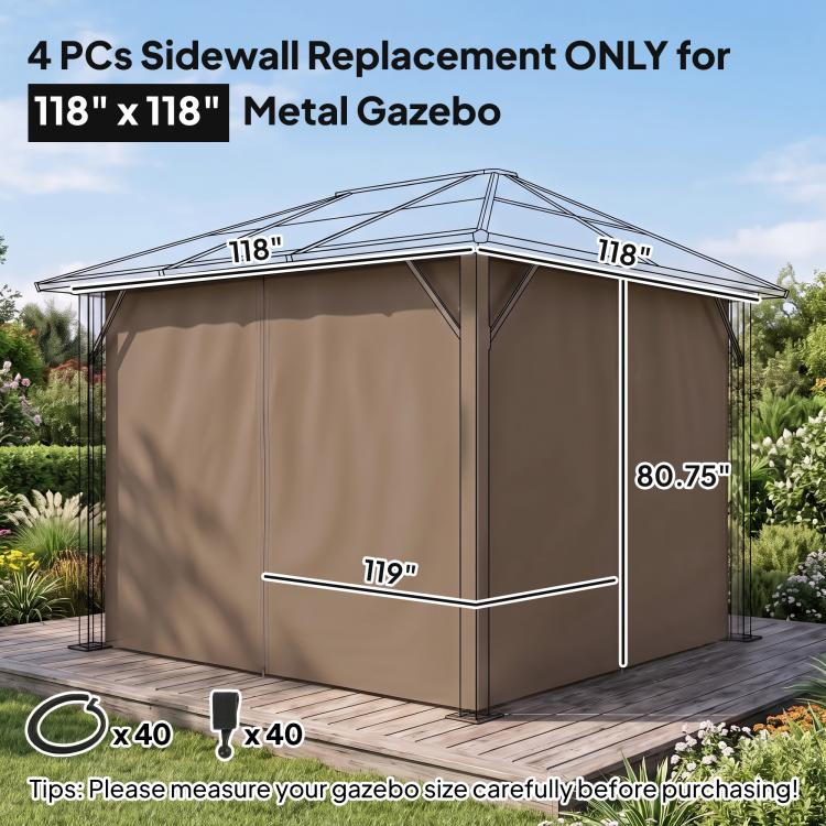 Brown metal gazebo with zippered sidewall panels, front view