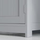 Gray bathroom sink storage cabinet side view with base and tall panel legs