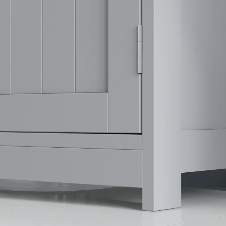Gray bathroom sink storage cabinet side view with base and tall panel legs