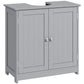 Gray sink storage cabinet with U-shaped cut-out top, double doors, and metal knobs