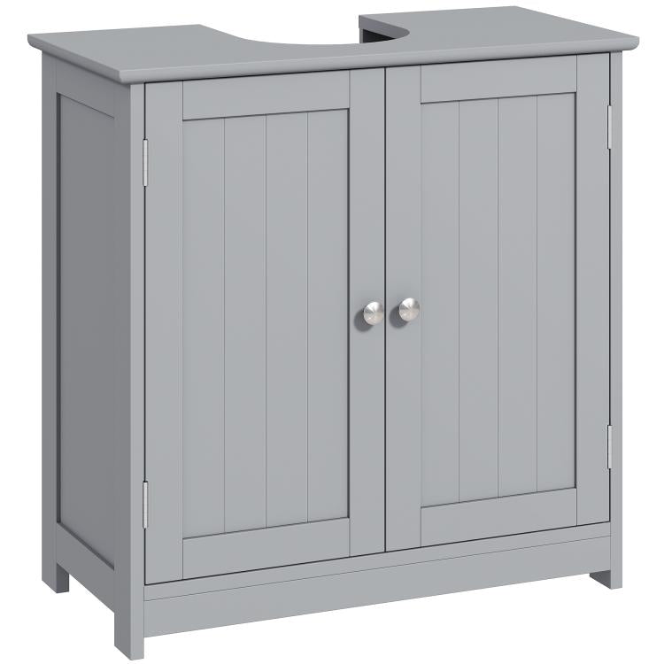 Gray sink storage cabinet with U-shaped cut-out top, double doors, and metal knobs