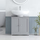 Gray bathroom vanity cabinet with double doors and ledge for a countertop sink