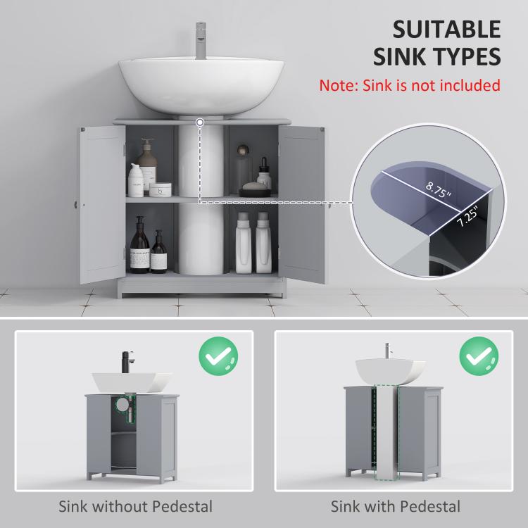 Gray bathroom sink storage cabinet with open interior shelves and door panel