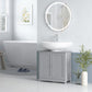 Gray bathroom sink storage cabinet with two front doors and top ledge