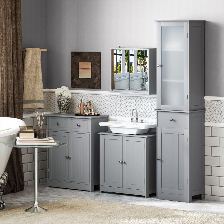 Gray tall bathroom storage cabinet with hinged door and interior compartment