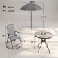 Patio dining set diagram with umbrella pole, round glass table, and folding chairs