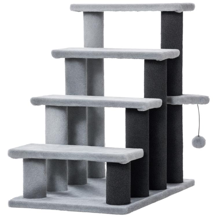 Gray and dark gray cat tree with three platforms and hanging ball