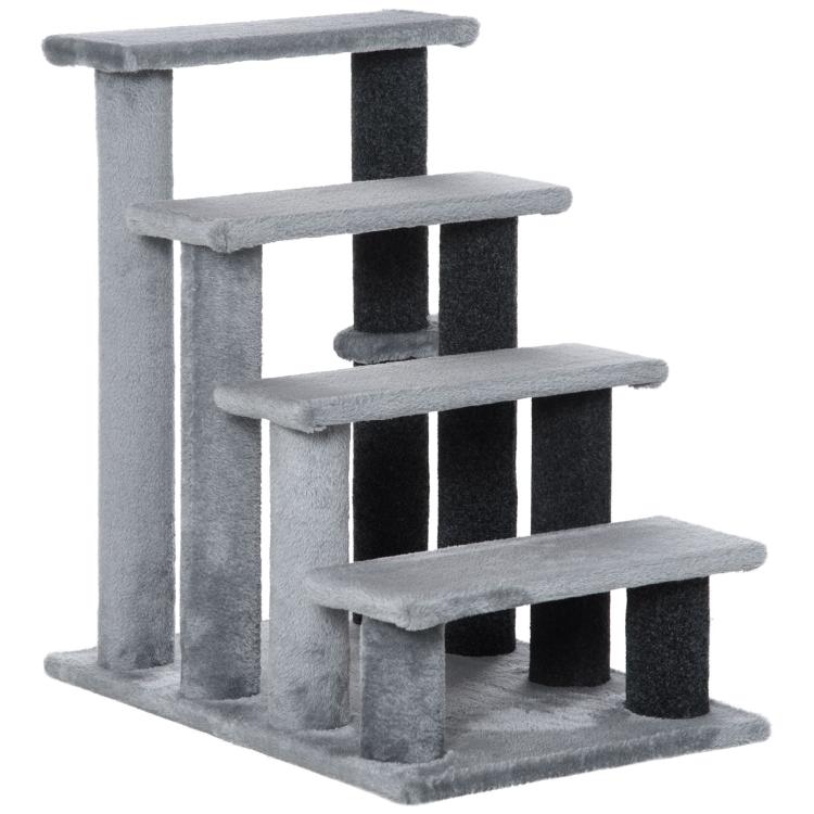 Gray cat tree with three step platforms, dark posts, and dangling ball