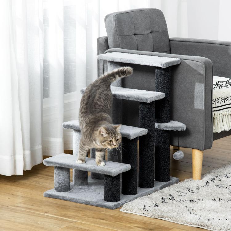 Gray and black cat tree with four steps and dangling ball, cats playing
