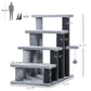 Gray and dark gray multi-level cat tower with dangling scratching ball