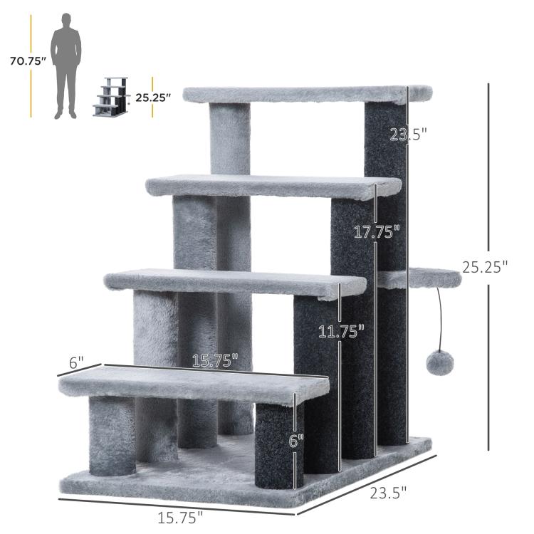 Gray and dark gray multi-level cat tower with dangling scratching ball
