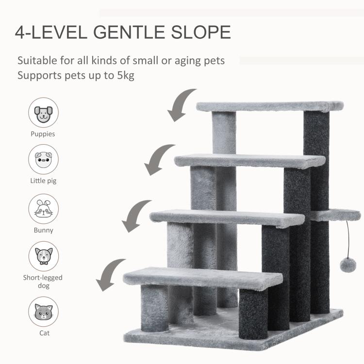 Gray 4-level cat tree with three platforms and hanging ball