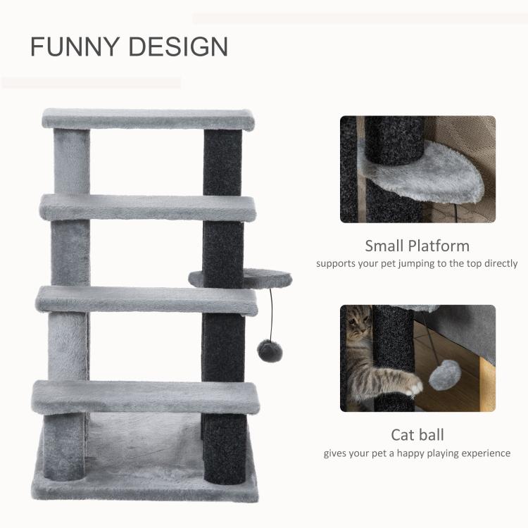 Gray multi-platform cat tree with hanging ball and top perch
