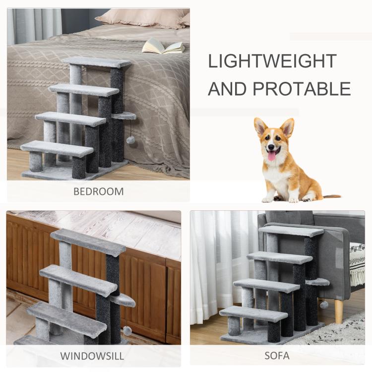 Gray and dark gray cat tower with stacked platforms near sofa
