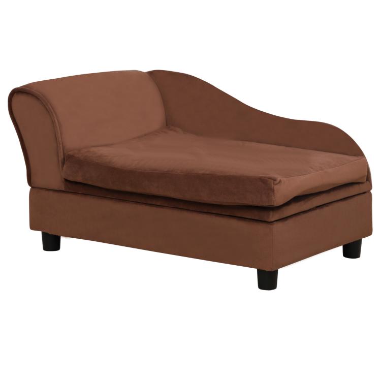Brown pet sofa bed with padded arms and cushion top on four legs