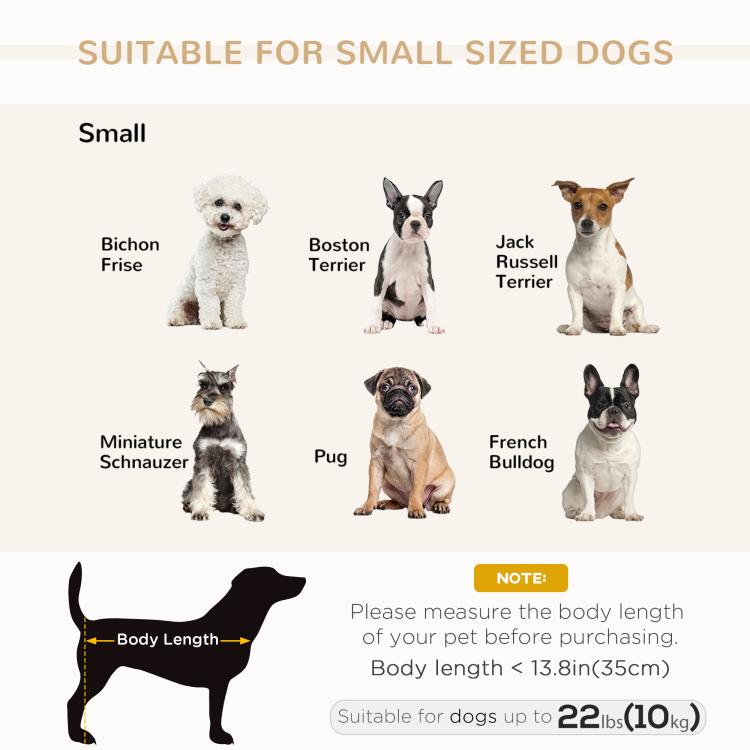 Brown pet sofa bed couch infographic for small dogs, with illustrated dog size guide.