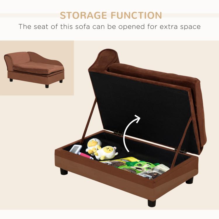 Brown pet sofa bed couch with hinged seat showing hidden storage compartment.