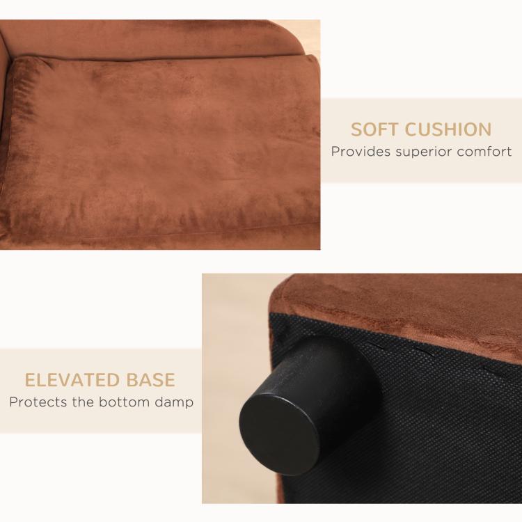 Brown pet sofa bed couch material detail showing soft cushion and elevated base.