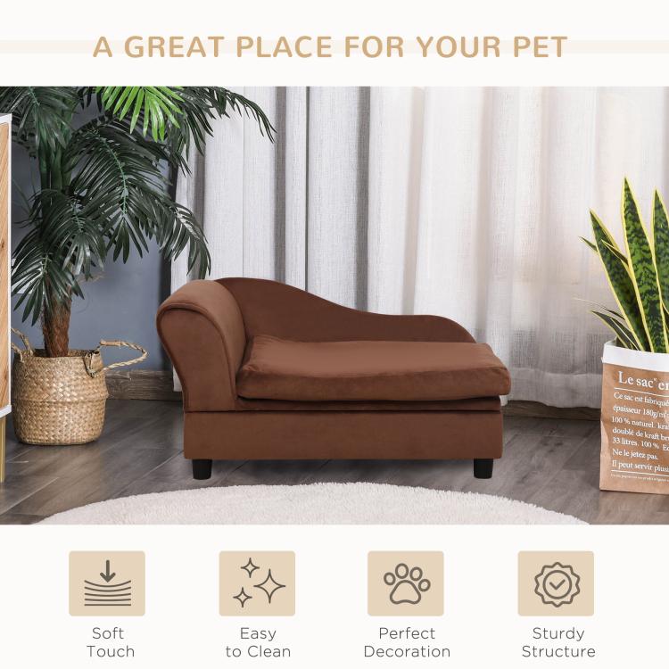 Brown pet sofa bed couch in living room setting, with folded cushion and low legs.