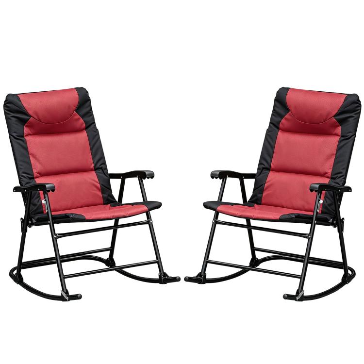 Set of 2 rocking patio chairs with red padded seats and black folding frames