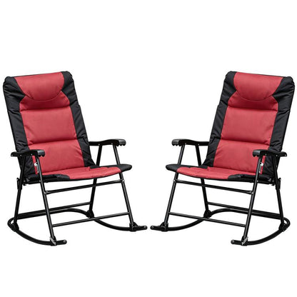 Set of 2 rocking patio chairs with red padded seats and black folding frames