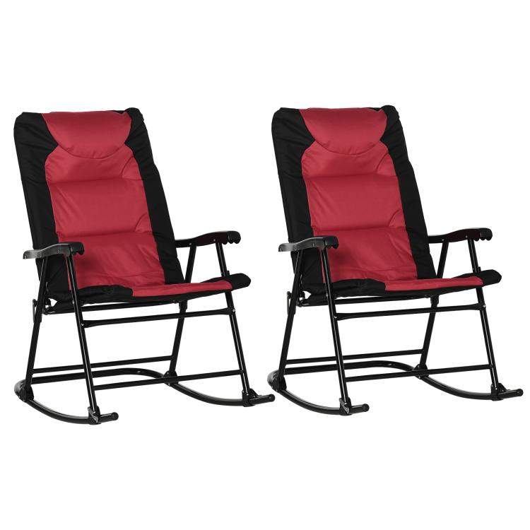 Pair of red and black padded rocking patio chairs, side view