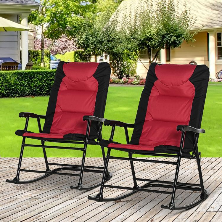 Two red padded rocking chairs with black frames, angled front view