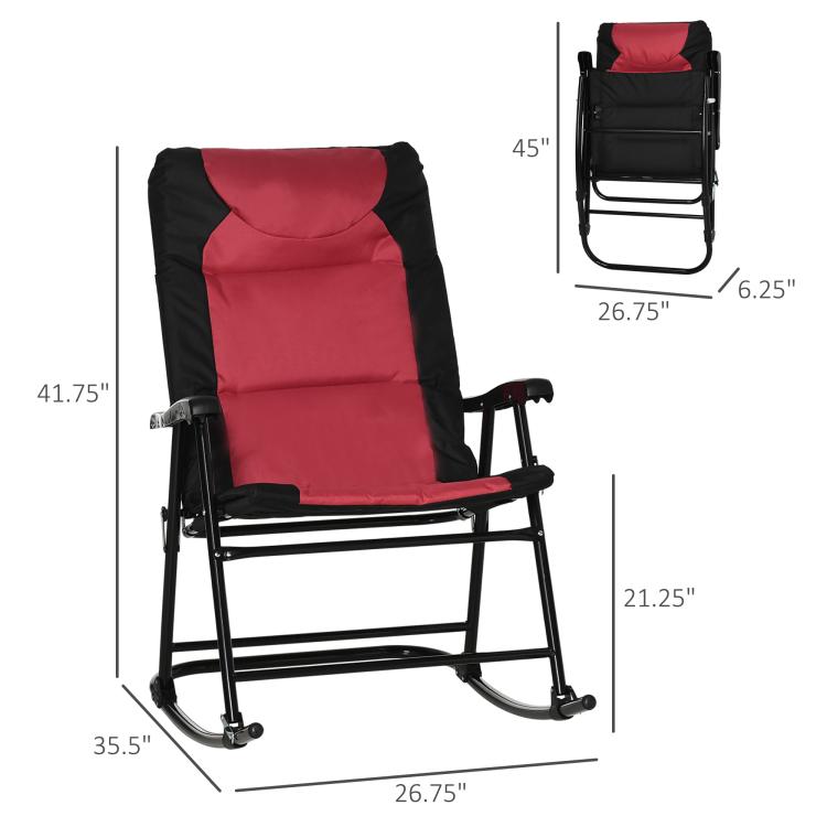 Single red padded folding rocking chair with black frame and armrests