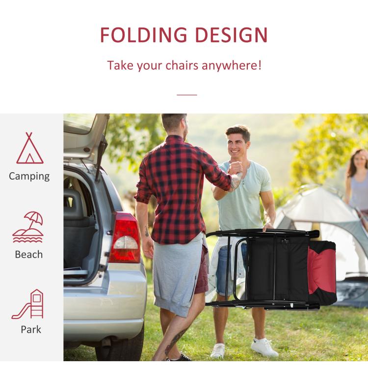 Folding patio rocking chair with red padded seat and black frame, packed