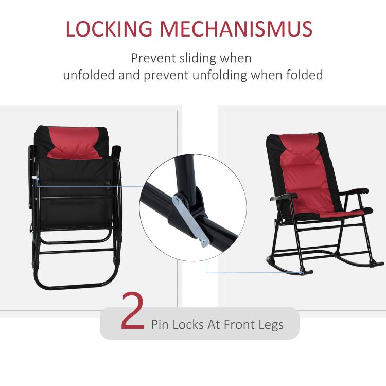 Red padded folding rocking chair with pin locks on front legs, black frame