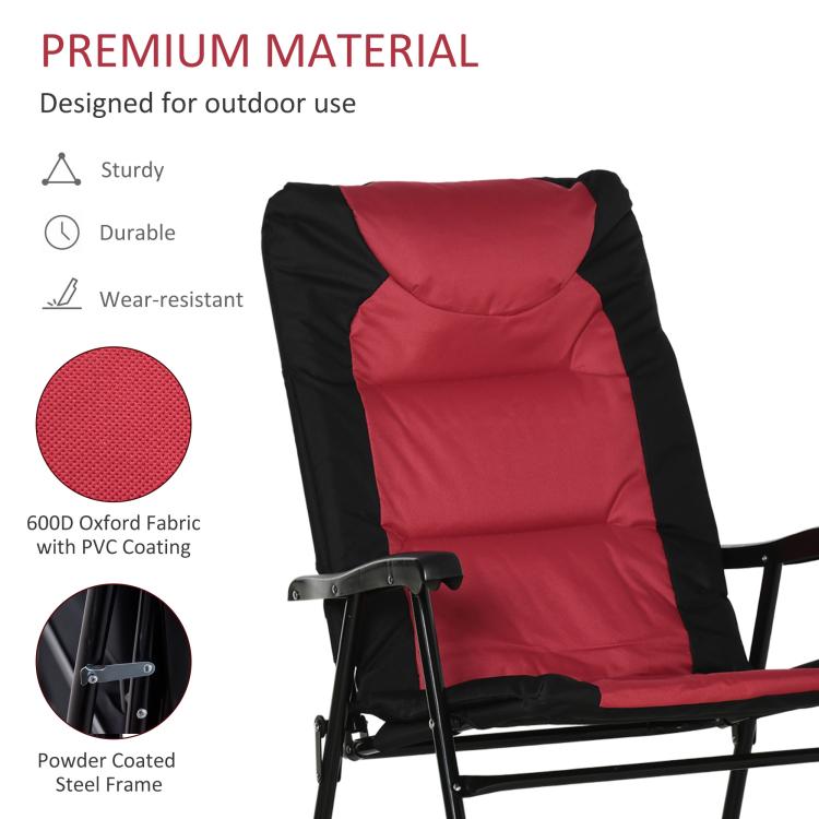 Rocking patio chair with red padded backrest and seat, black powder-coated frame