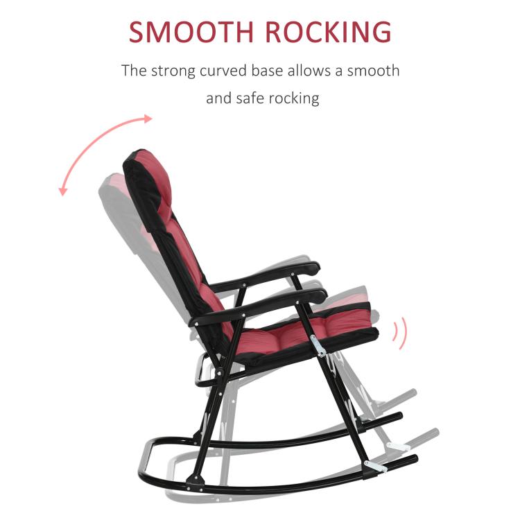 Rocking patio chair with red padded seat and curved base, side view