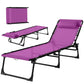 Purple folding chaise lounge chair with reclining back, arched steel frame, and side supports