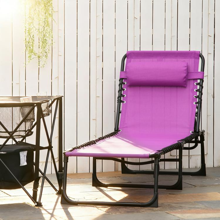 Purple folding chaise lounge with black frame, cushioned head pillow, breathable mesh seat