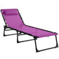 Purple folding chaise lounge reclined, black frame with mesh seat and padded headrest